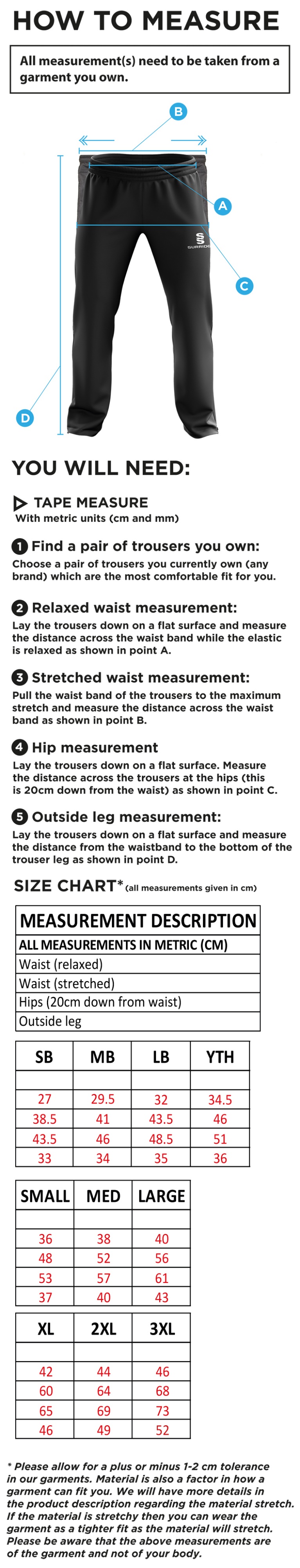 Sissinghurst CC - Ripstop Tracksuit Pants - Size Guide