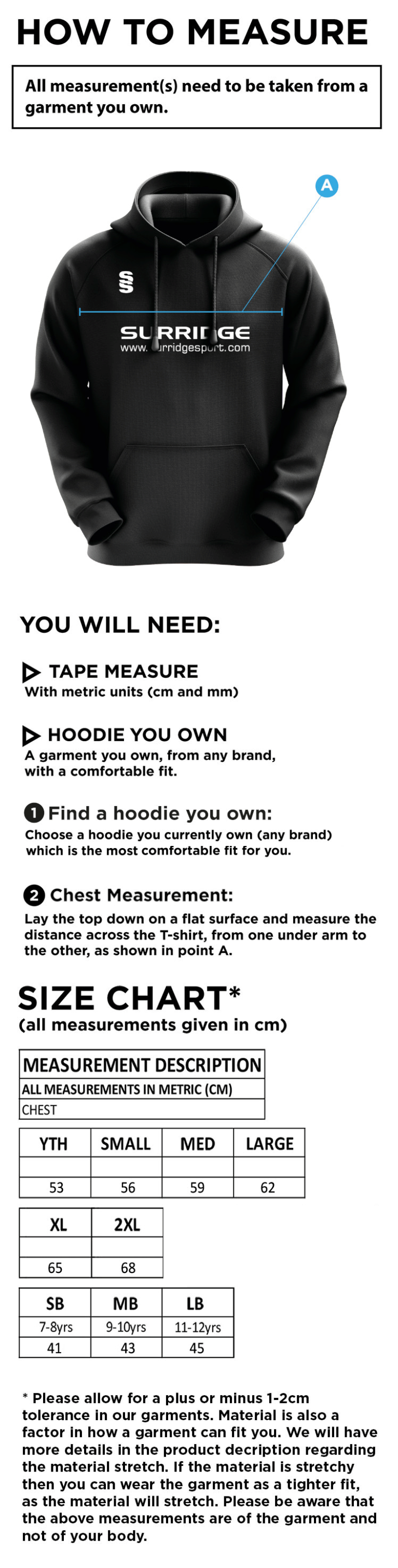 Sissinghurst CC - Blade Hoody - Size Guide