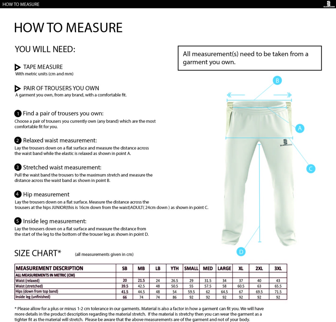 Sissinghurst CC - Standard Playing Pant - Size Guide