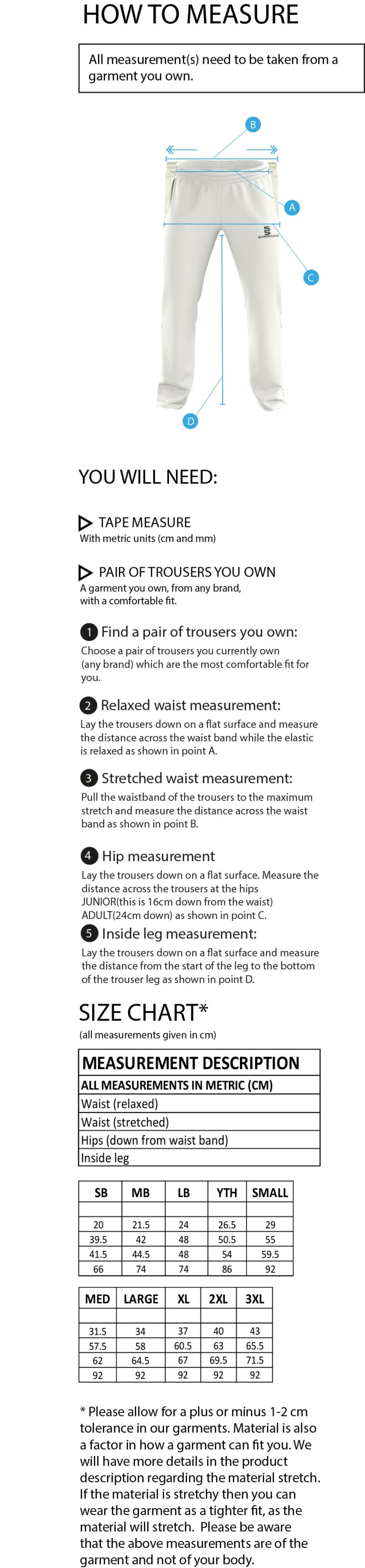Sissinghurst CC - Standard Playing Pant - Size Guide