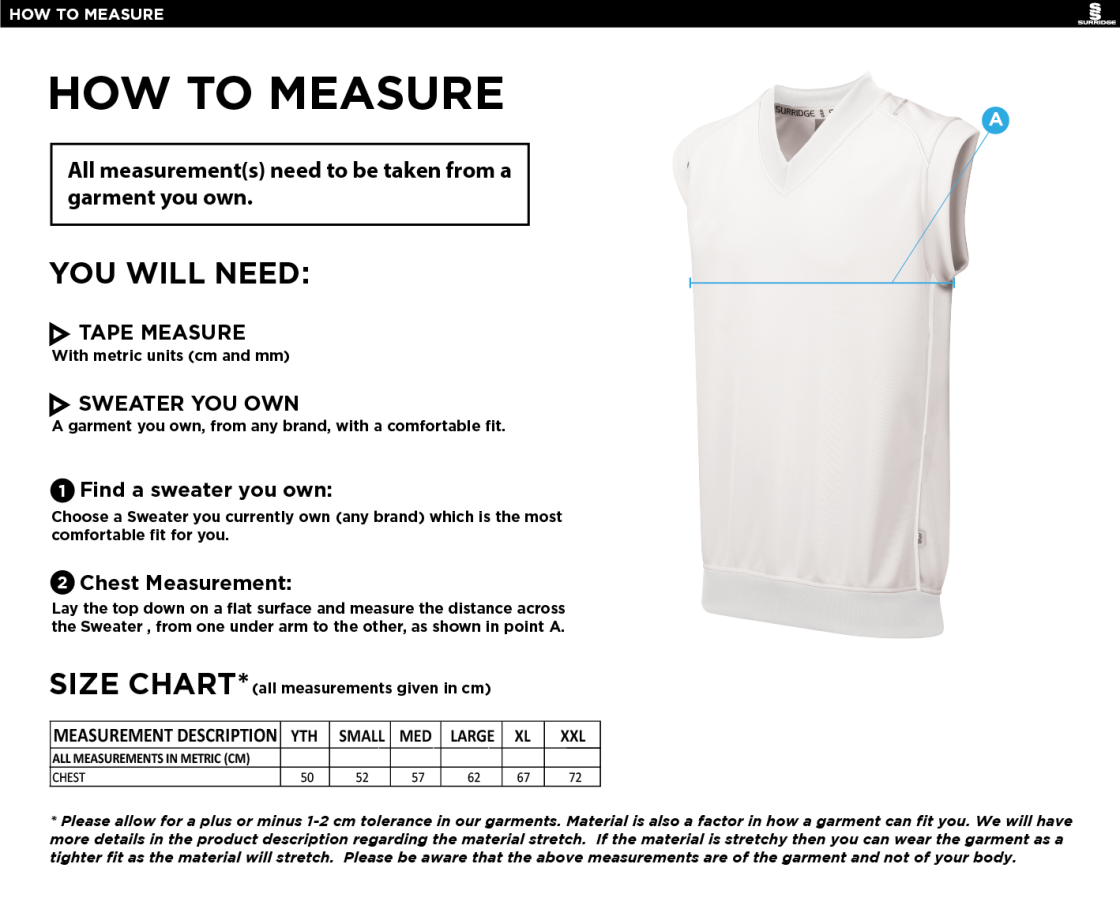 Sissinghurst CC - Sleeveless Sweater - Size Guide