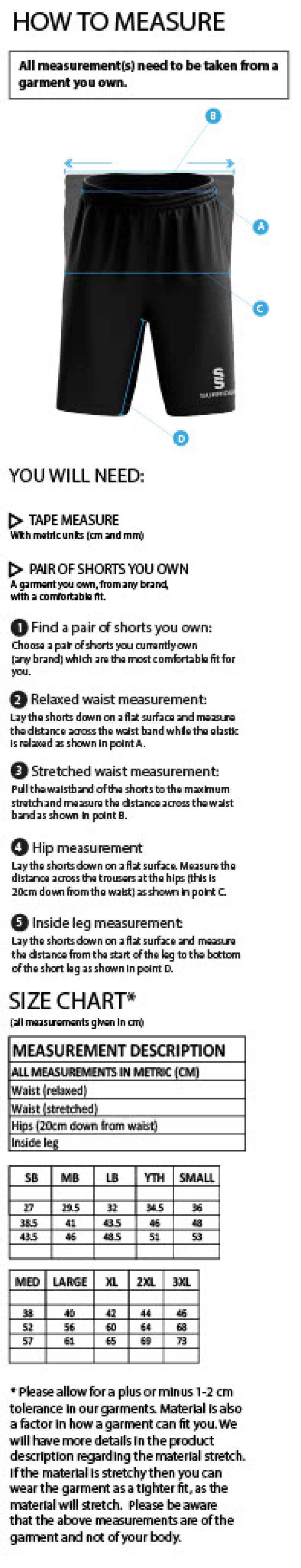 Sissinghurst CC - Women's Ripstop Training Shorts - Size Guide