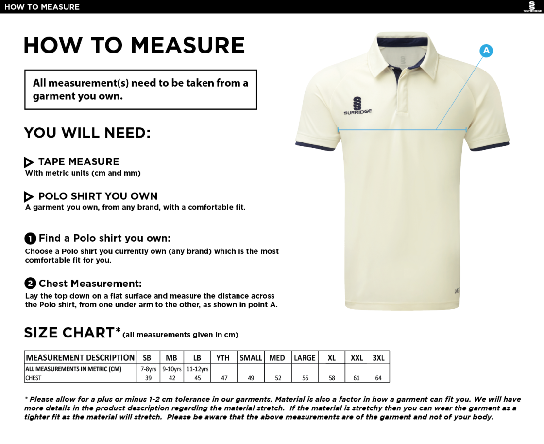 Sissinghurst CC - Tek Short Sleeve Cricket Shirt - Size Guide