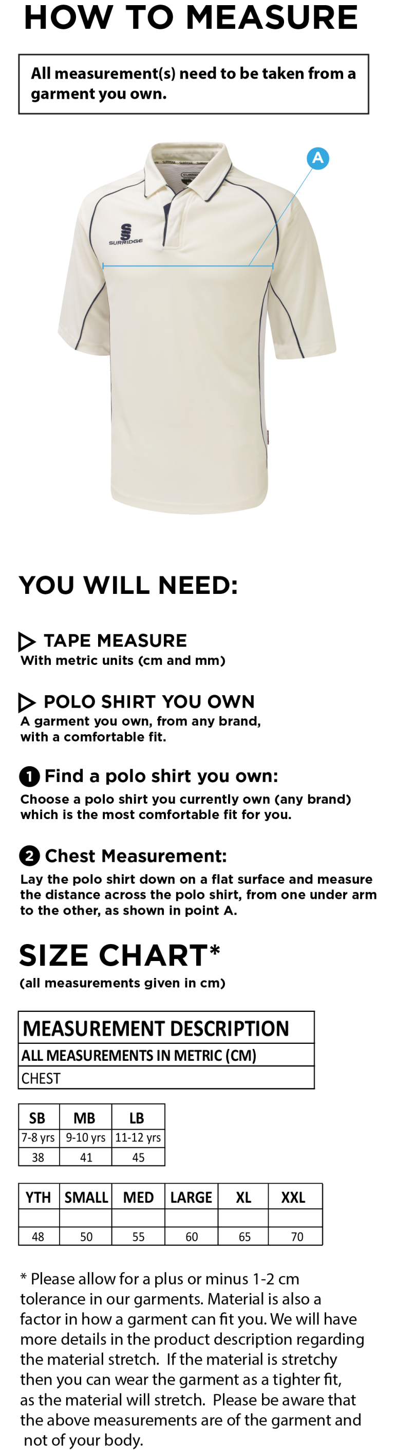 Sissinghurst CC - 3/4 Premier Shirt - Size Guide