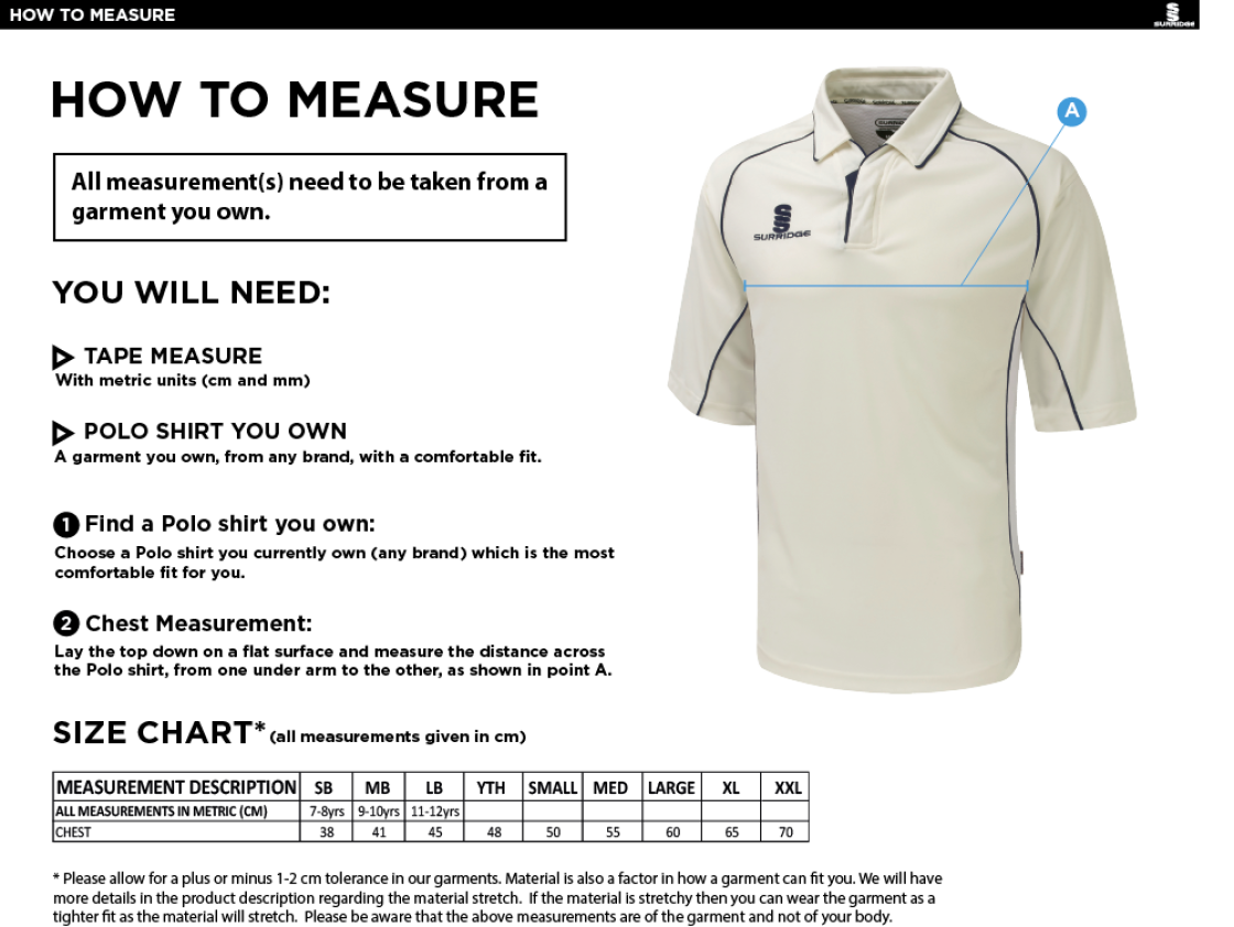 Sissinghurst CC - 3/4 Premier Shirt - Size Guide