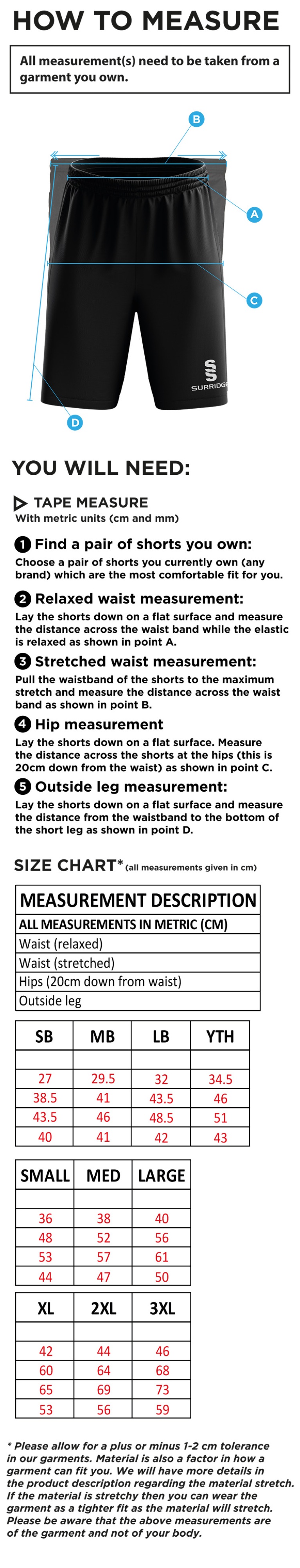 Sissinghurst CC - Ripstop Training Shorts - Size Guide
