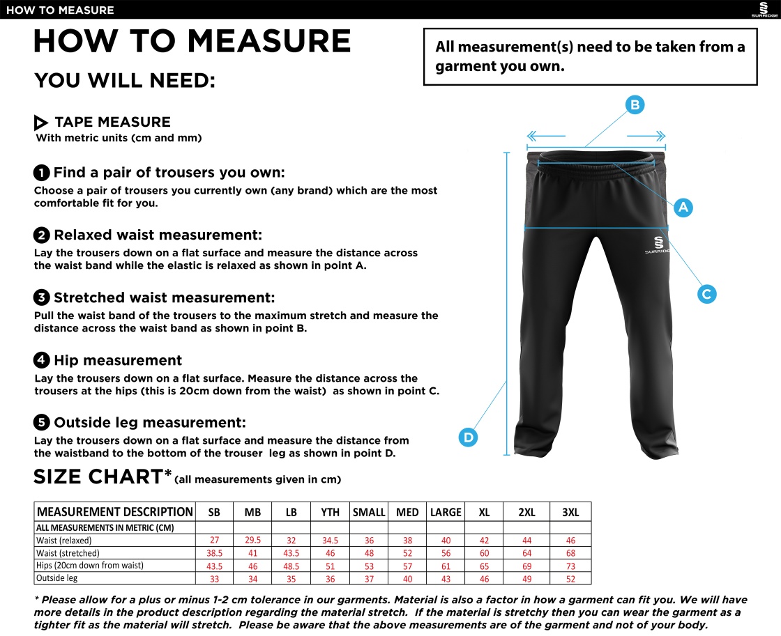 Sissinghurst CC - Ripstop Tracksuit Pants - Size Guide