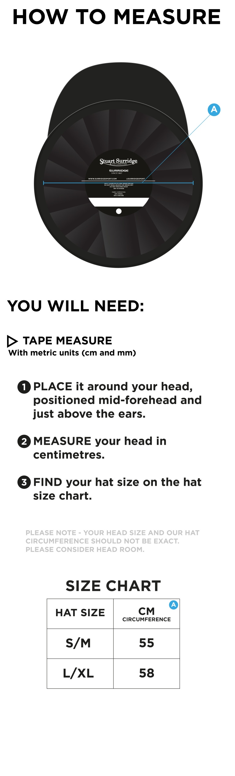 Sissinghurst CC - Baggy Cricket Cap - Size Guide