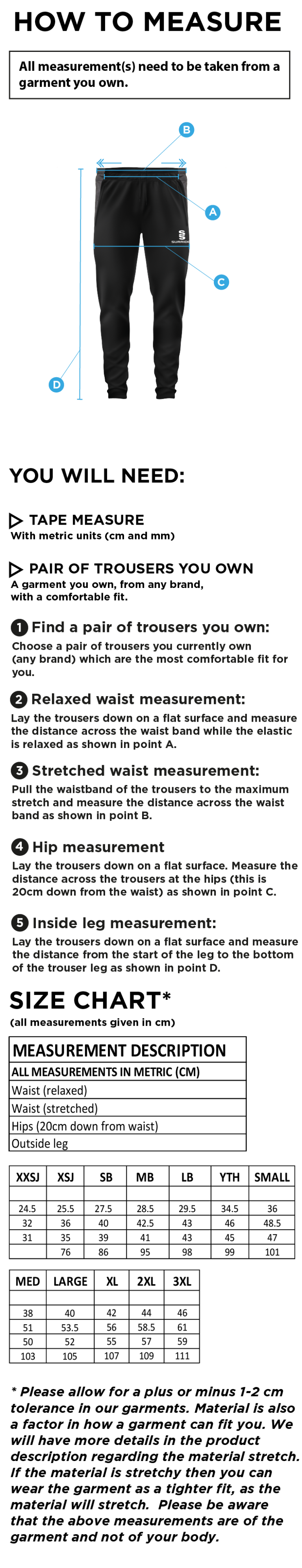 Sissinghurst CC - Tek Skinny Pants - Size Guide