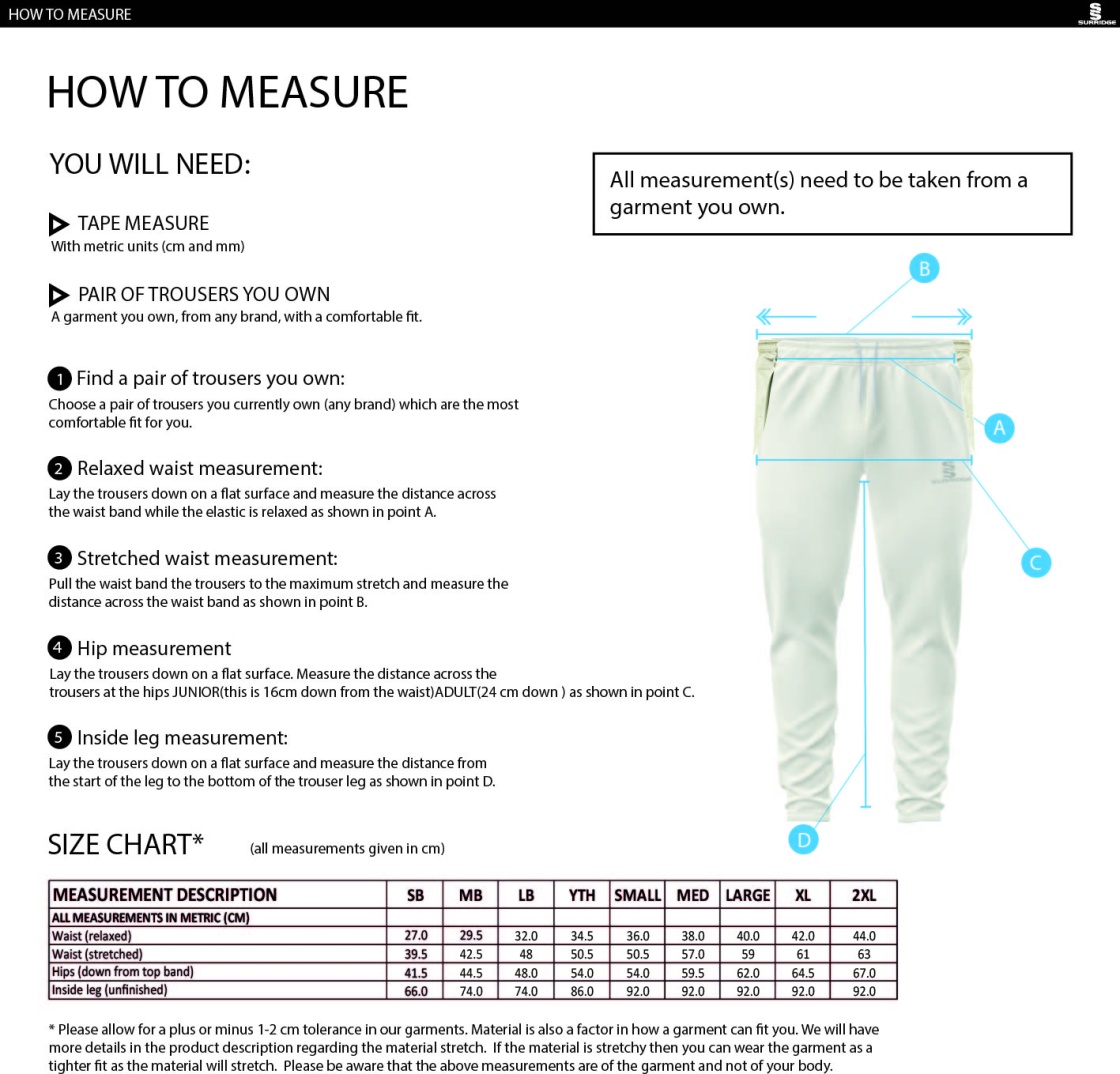 Sissinghurst CC - Tek Trousers - Size Guide