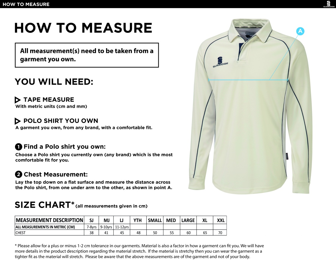Sissinghurst CC - Premier Long Sleeve Shirt - Size Guide