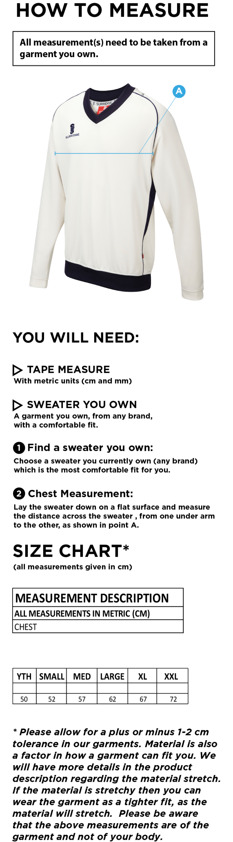 Sissinghurst CC - Long Sleeve Sweater - Size Guide