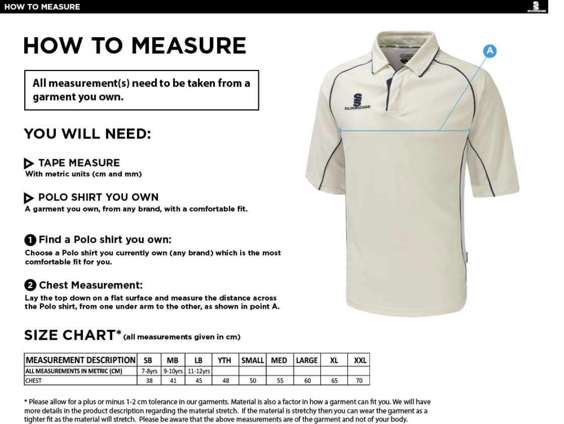 Sissinghurst CC - 3/4 Premier Shirt - Size Guide