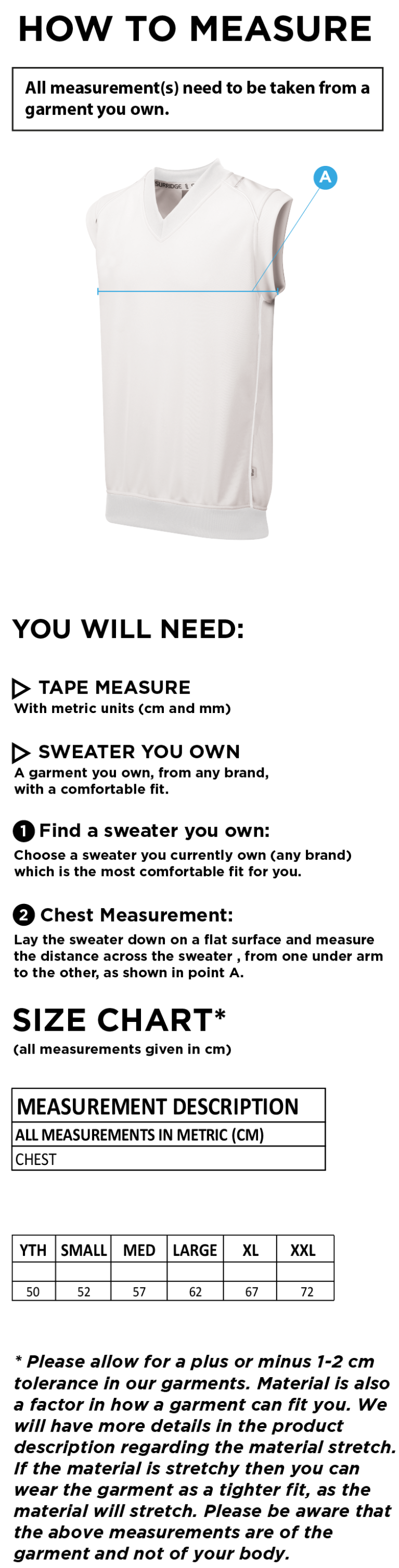 Sissinghurst CC - Sleeveless Sweater - Size Guide