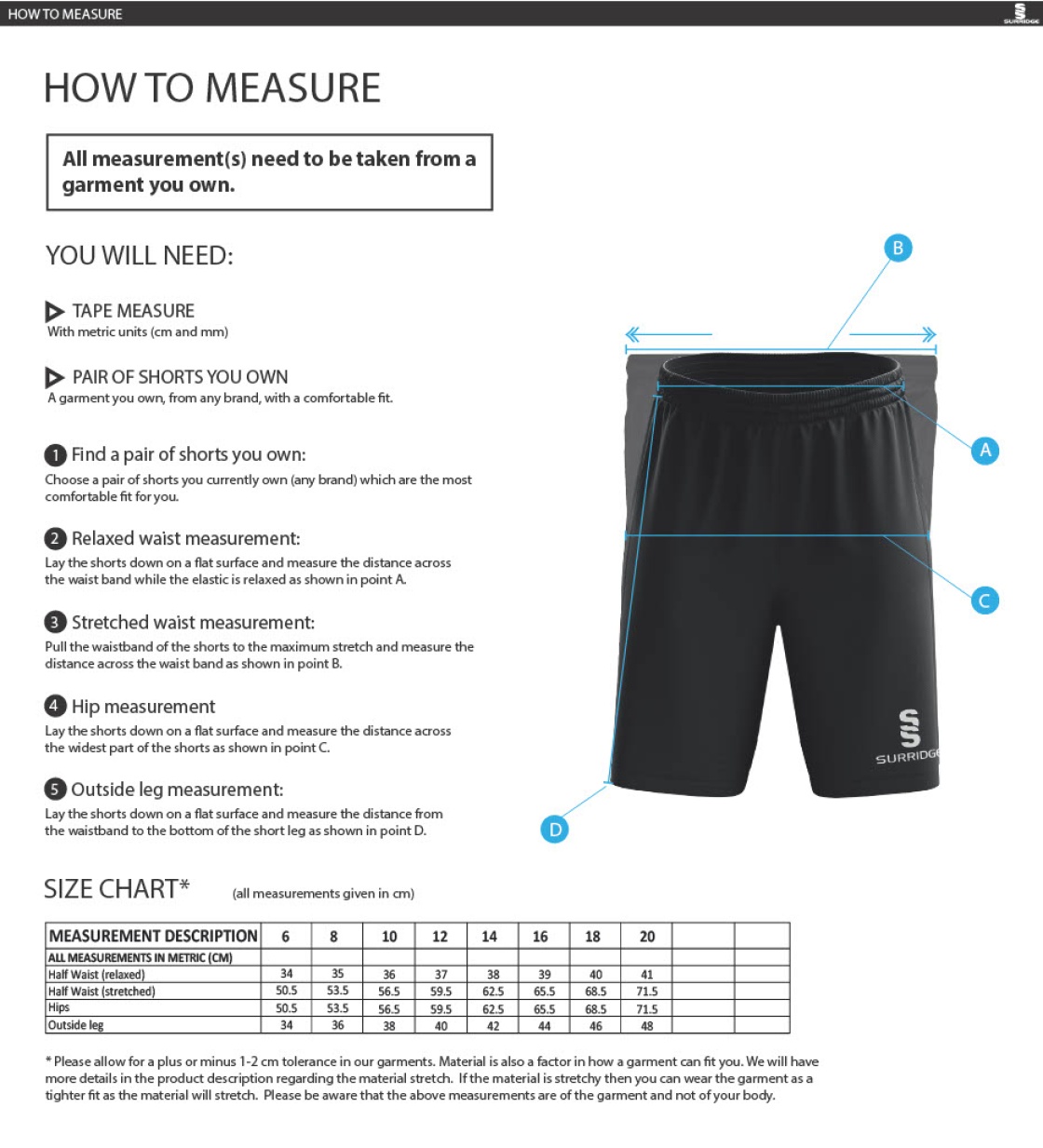 Sissinghurst CC - Women's Ripstop Training Shorts - Size Guide