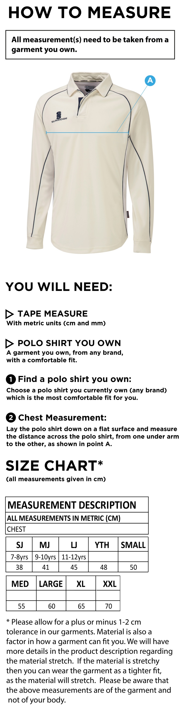 Sissinghurst CC - Premier Long Sleeve Shirt - Size Guide