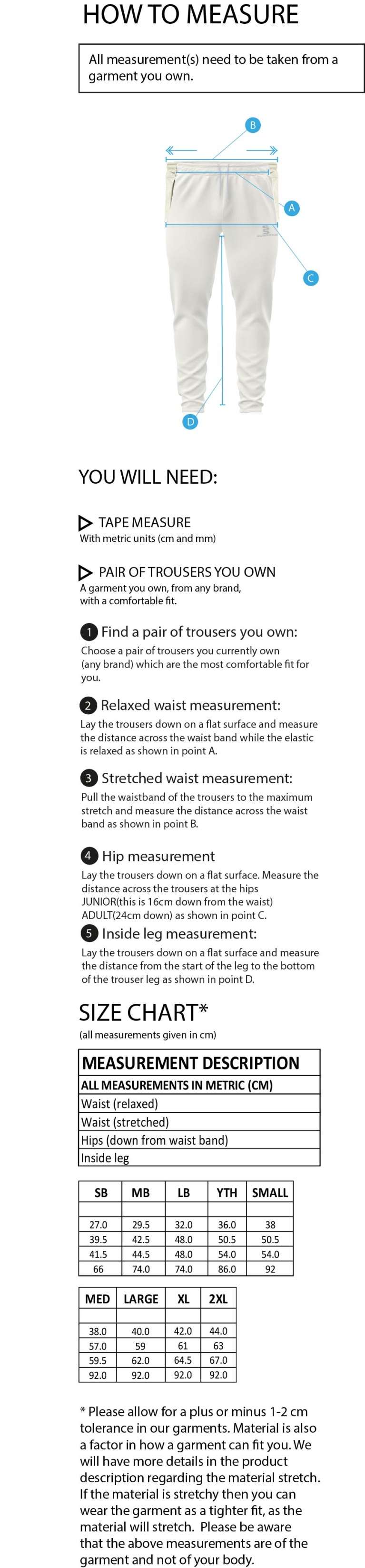 Sissinghurst CC - Tek Trousers - Size Guide