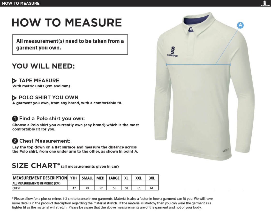 Sissinghurst CC - Tek Long Sleeve Cricket Shirt - Size Guide